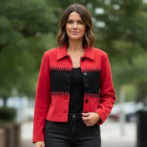 VTG Jamie Brooke Velvet Embroidered Button-Up Jacket Sz 10 Red & Black #143A